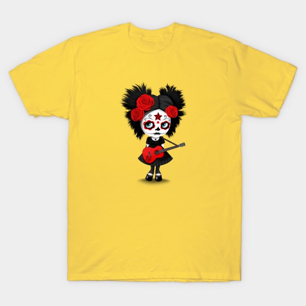 Red Sugar Skull Big Eyed Girl Playing the Guitar T-Shirt by jeffbartels